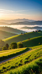 Picturesque sunrise illuminating rolling green hills and a winding dirt road