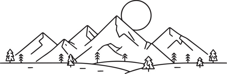 Minimal Mountain Landscape Silhouette &ndash; Nature Scene with Sun, Trees & Abstract Peak Contours
