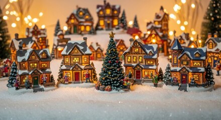Fototapeta premium Miniature Christmas Village Scene with Illuminated Houses and Decorated Tree in Snowy Setting