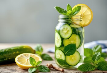 Fototapeta premium herbal detox water with cucumber, lemon, and mint leaves aiding hydration and cleansing, glass jar with fresh ingredients.