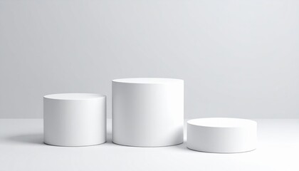 Three White Cylindrical Podiums On Light Background