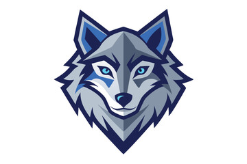 Intense gray wolf head stares forward with striking green eyes on a white background