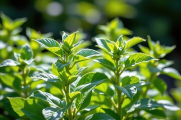 lemon balm leaves with sunlight filtering through, natural calming herb used to ease anxiety, fresh vibrant colors, soft focus background, serene atmosphere.