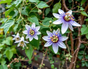 Naklejka premium passionflower vine with delicate purple and white blooms, peaceful garden scene, herbal anxiety treatment, soft natural lighting, soothing botanical imagery.