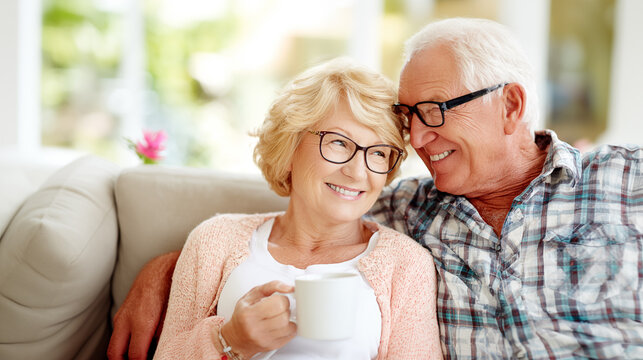Lovely happy senior couple enjoying a cup of tea at home. Elderly married man and woman enjoying the good moments in life