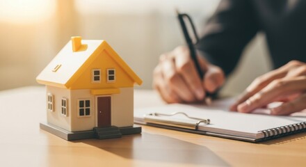 Yellow Model House on Desk with Person Writing in Notebook in Bright Office