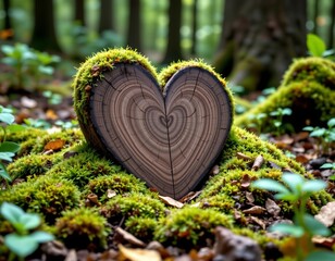 forest, funeral background, closeup, wooden heart, moss, natural burial grave, tree burial, subject, copy space, photo use, aqua tones