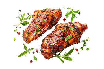 Juicy halal fried chicken fillet with herbs isolated on a transparent background 