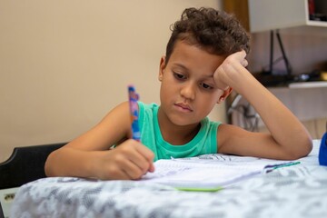 Young boy focused on homework at home.