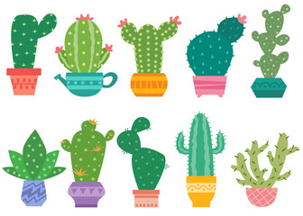 Green Cactus Icons Set – Hand-Drawn Succulent Vector for Kids
