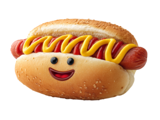 A cheerful hotdog with a smiling face made of mustard and eyes, nestled in a fresh bun, symbolizing