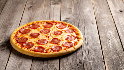 Delicious pepperoni pizza on a wooden table with melted cheese, photorealistic, 4K
