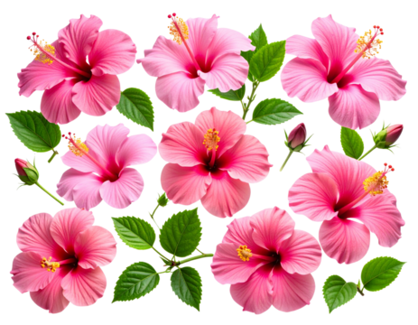“Cluster of Pink Hibiscus Blooms with Buds and Leaves, Floating Isolated PNG”