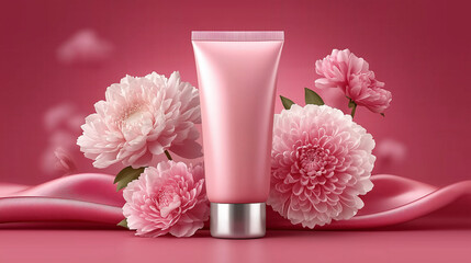 Pink background with a pink tube of cream and flowers on it, silk fabric, mockup template for product presentation