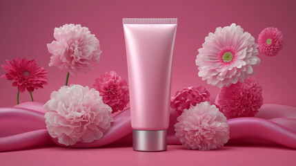 Pink background with a pink tube of cream and flowers on it, silk fabric, mockup template for product presentation