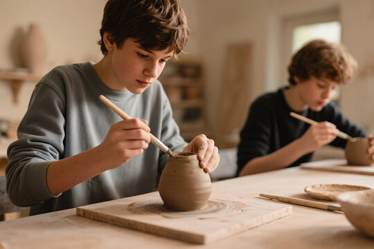 Teens engaged in hands-on pottery and painting, close-up of fingers shaping clay and brushing color, warm art space, analog creativity, no phones, texture in focus