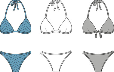 Bikini fashion design, vector swimsuit sketch, summer swimwear template, CAD drawing outline, women beachwear collection, editable flat illustration