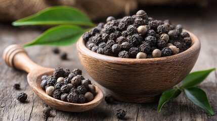 black pepper extract in glass container on clean white background closeup