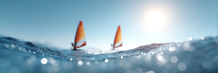 Two sailboats gliding across a vibrant blue ocean on a sunny day, with gentle waves creating a stunning bokeh effect in the foreground, capturing the essence of summer leisure and adventure