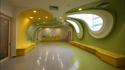 children overhead seed bank with light green yellow walls and playful layout