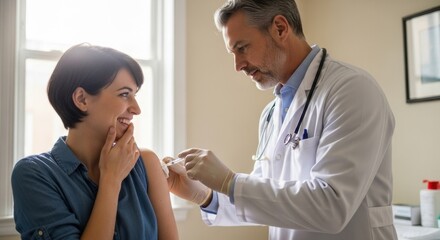Fototapeta premium Man in a white lab coat administering a vaccine to a smiling woman, symbolizing medical care, public health, and disease prevention.