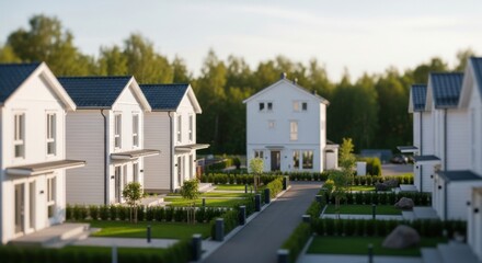 Modern White Suburban Homes with Green Lawns and Tree-lined Streets in Residential Neighborhood