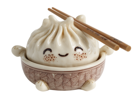 A charming ceramic dumpling, complete with adorable features and chopsticks