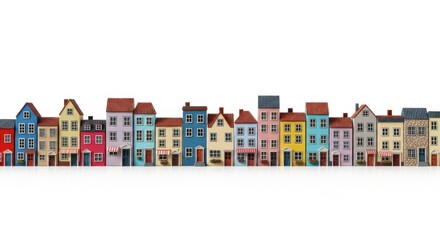 Colorful Row of Miniature Houses with Red, Blue, Yellow, and Pink Facades on White Background