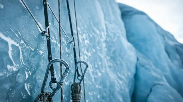 Ice climbing gear fixed into a frozen wall with ropes and carabiners, symbolizing technical precision and alpine challenge