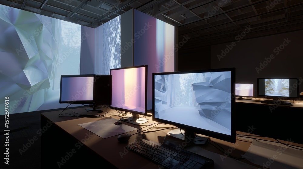 Fototapete creative workspace featuring multiple computer monitors with abstract visuals in a modern exhibition