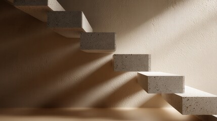 A contemporary staircase design featuring minimalist concrete steps and soft, natural light creating elegant shadows on textured walls.