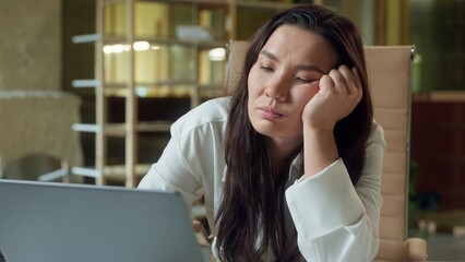 Sleeping tired business woman exhausted girl businesswoman napping at workplace overwork close eyes...