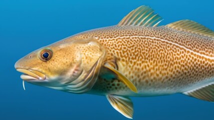 Atlantic cod swims in blue ocean, showcasing underwater wildlife and sea life.