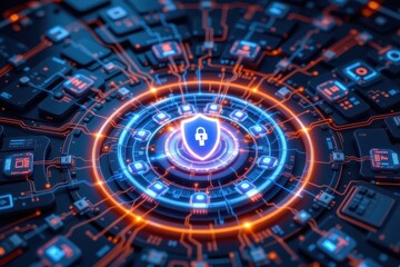 visualization of layered backup defense, ransomware attacks repelled by concentric glowing shields, secure file nodes in center.