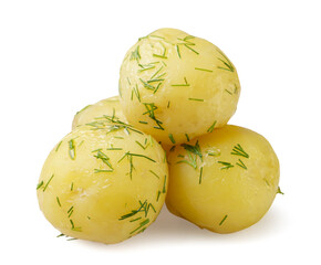 Boiled potatoes with dill close-up on a white. Isolated