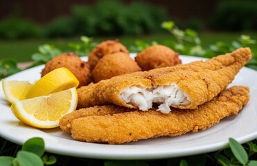 Fried catfish fillet with hush puppies and fresh lemon wedges laid on wood surface in soft light, classic southern serving