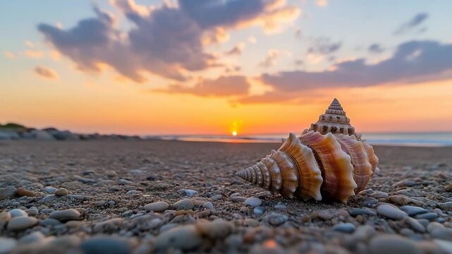 Conch shell on sandy beach at sunset with vibrant sky and ocean horizon