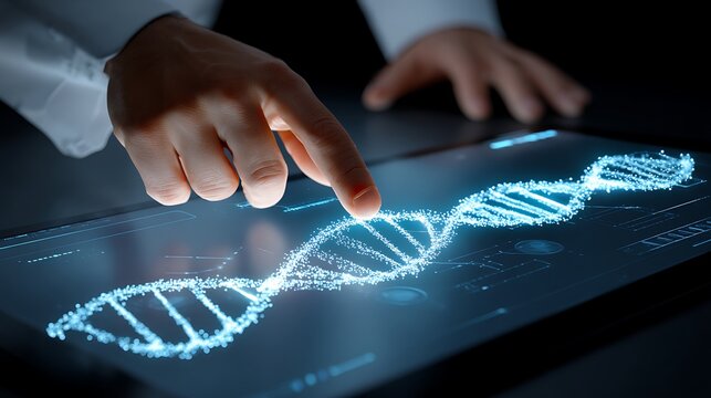 Scientific research displays a digital DNA structure, visualized on a high-tech tablet with touch interaction for genetic analysis.
