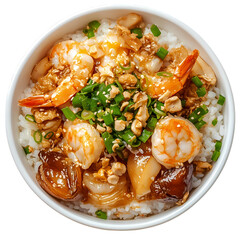 Overhead shot of a bowl of shrimp and rice with green onion garnish isolated on transparent background