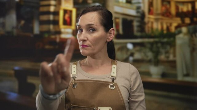 Hispanic woman wearing apron points finger forward in church aisle with stern expression; denial discipline.