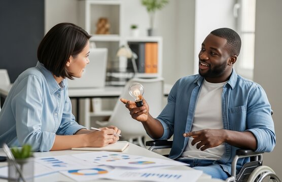 Physically handicapped employee in wheelchair actively joins team dialogue and shares insight in supportive modern office setting