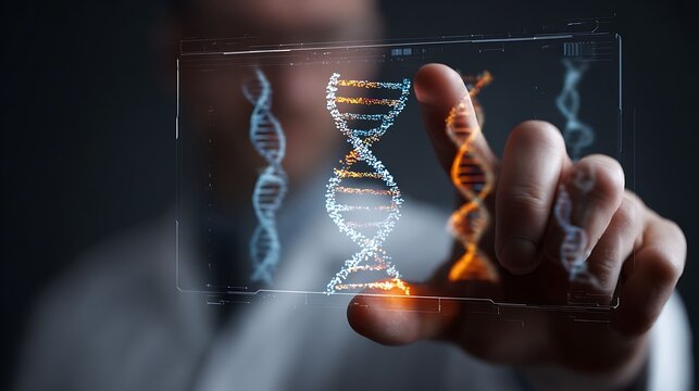 Scientist interacts with a digital DNA model on a transparent screen for genetics research and development.