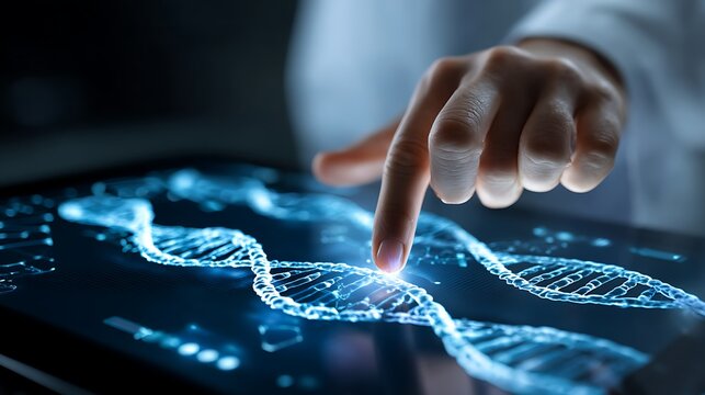 Scientist exploring DNA structure on a futuristic digital interface for genetic research and biotechnology innovation.