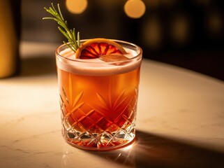 Blood orange whiskey cocktail with rosemary shimmer in crystal vessel surrounded by amber hues, evoking indulgent sophistication and taste