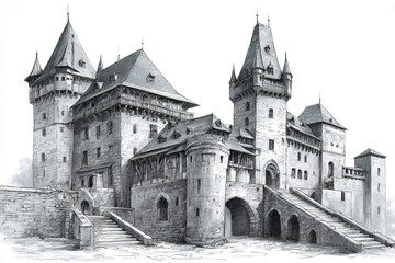 Fototapeta premium Historical castle. In style of pencil sketch drawing. Generative Ai