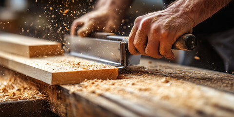 Carpenter cutting wood with saw, sawdust flying, focused expression in workshop setting