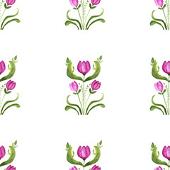seamless pattern of watercolor pink flowers with green leaves in modern style, hand painted on white background