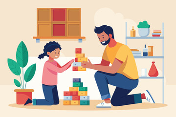 Father and daughter working together to build a colorful block tower symbolizing cooperation family time and development.