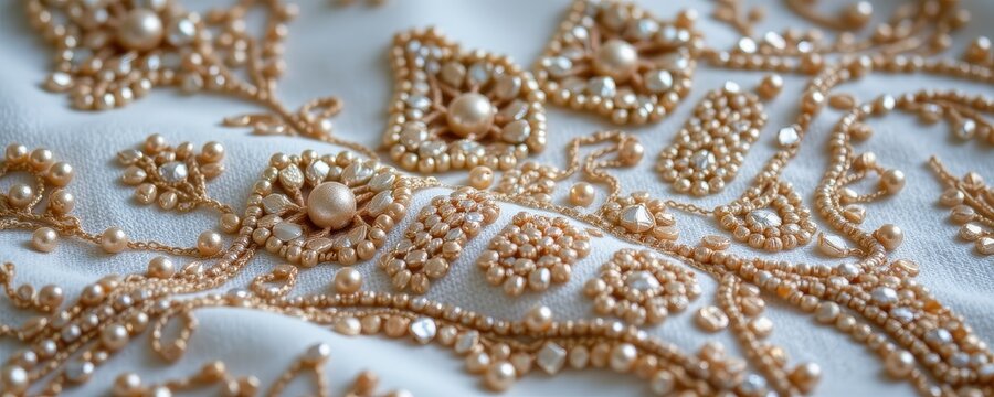 shiny seed beads hand stitched in geometric patterns on silk blouse, intricate bead embroidery reflecting light, elegant and traditional craftsmanship for fashion embellishment.