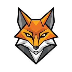 Orange fox head with triangular shapes looks directly forward on a white background